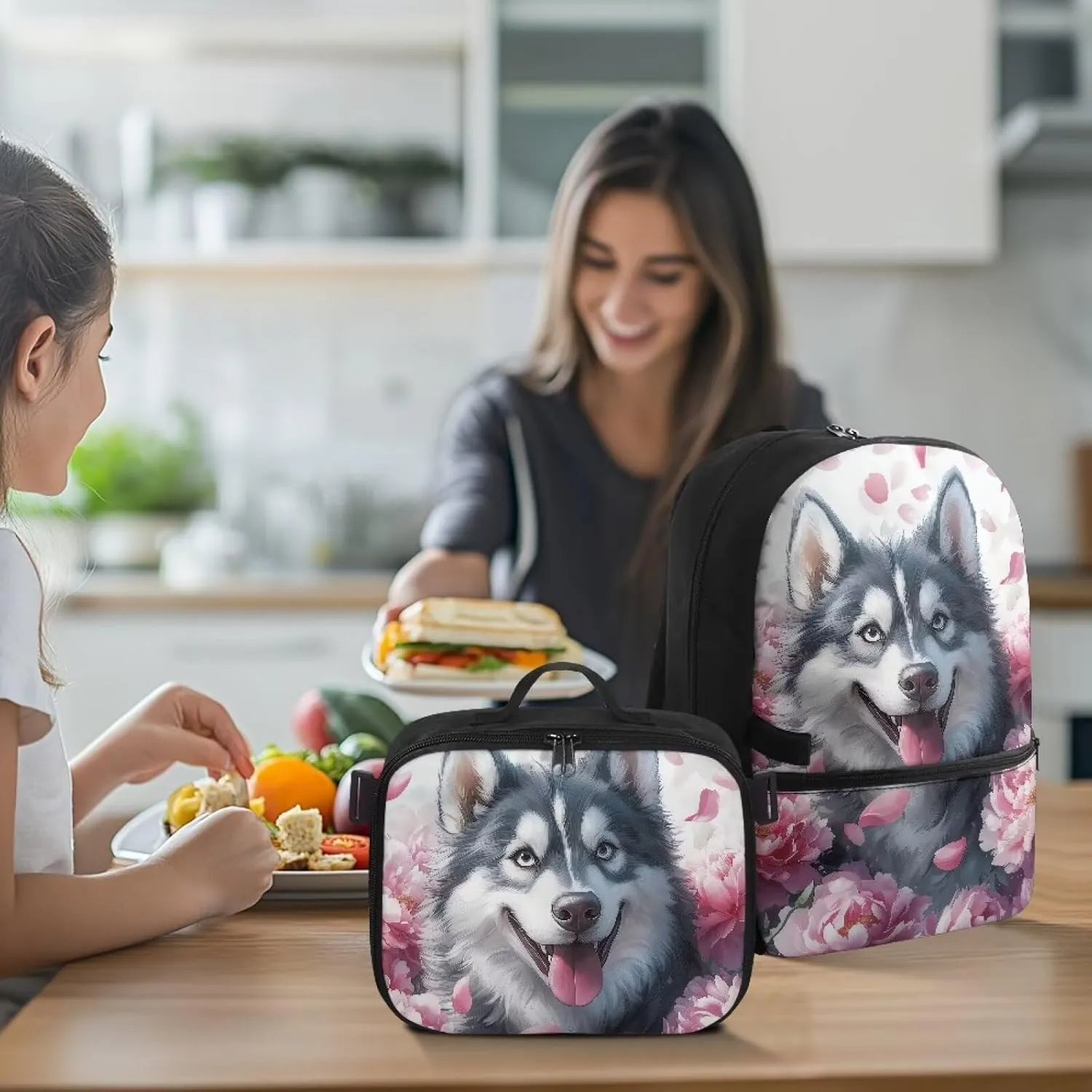 HUGS IDEA Siberian Husky Backpack Meal Kit Thermal Insulated Lunch Box for School Girls 17 Inch Bookbag for Elementary Kids Lightweight School Bag for Hiking & Outdoor Picnic