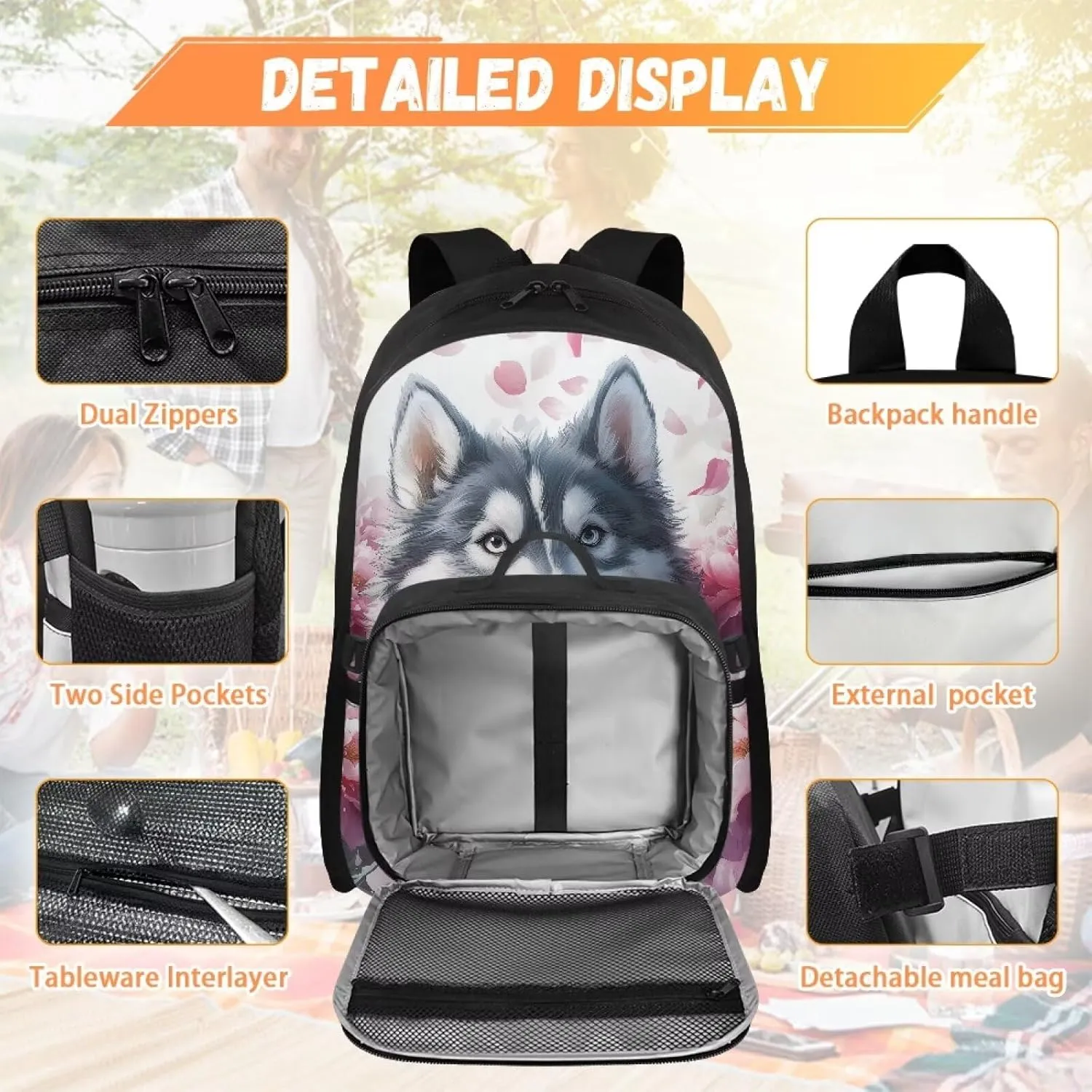 HUGS IDEA Siberian Husky Backpack Meal Kit Thermal Insulated Lunch Box for School Girls 17 Inch Bookbag for Elementary Kids Lightweight School Bag for Hiking & Outdoor Picnic