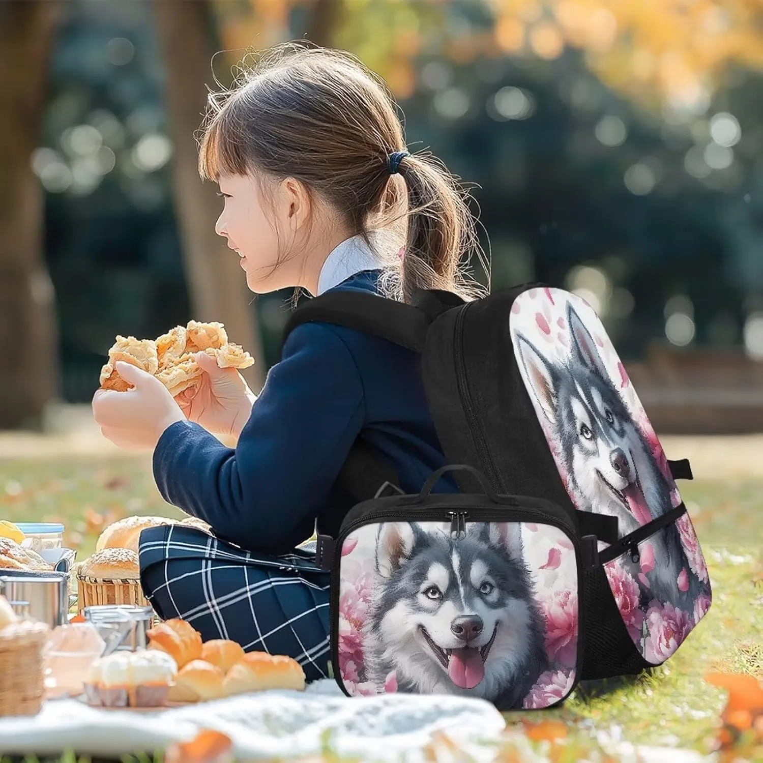 HUGS IDEA Siberian Husky Backpack Meal Kit Thermal Insulated Lunch Box for School Girls 17 Inch Bookbag for Elementary Kids Lightweight School Bag for Hiking & Outdoor Picnic