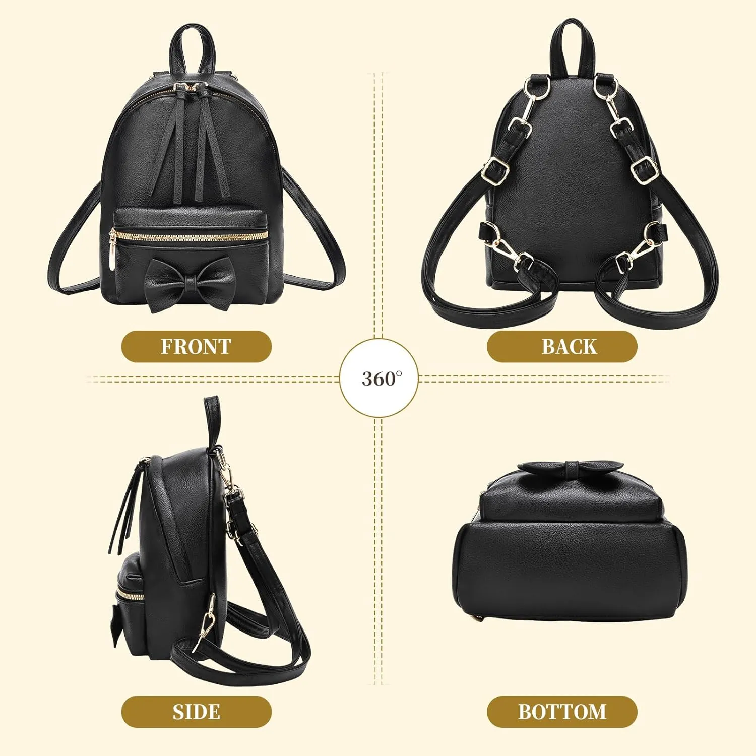 I IHAYNER Bowknot Mini Backpack Purse with Tassels Cute Small Backpack for Women Leather Little Bag Shoulder Bag for Ladies Beige