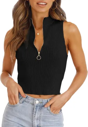 Imily Bela Womens Summer Zipper Knit Crop Tops Going Out Sweater Tank Fashion Sexy Y2k Sleeveless Shirts