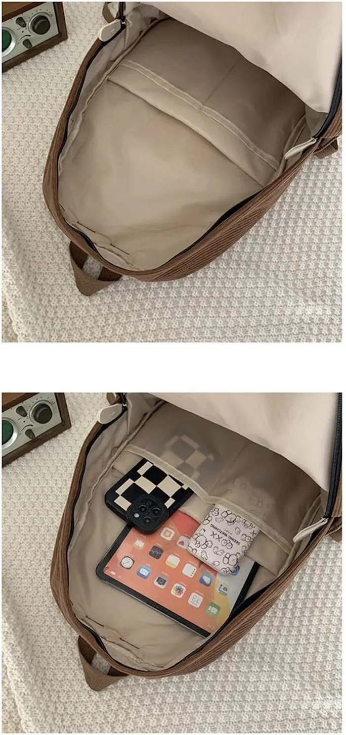 JHTPSLR Light Academia Aesthetic Backpack Corduroy Backpack Preppy Backpack Solid Backpack Corduroy Laptop Backpack Daypack (Brown)
