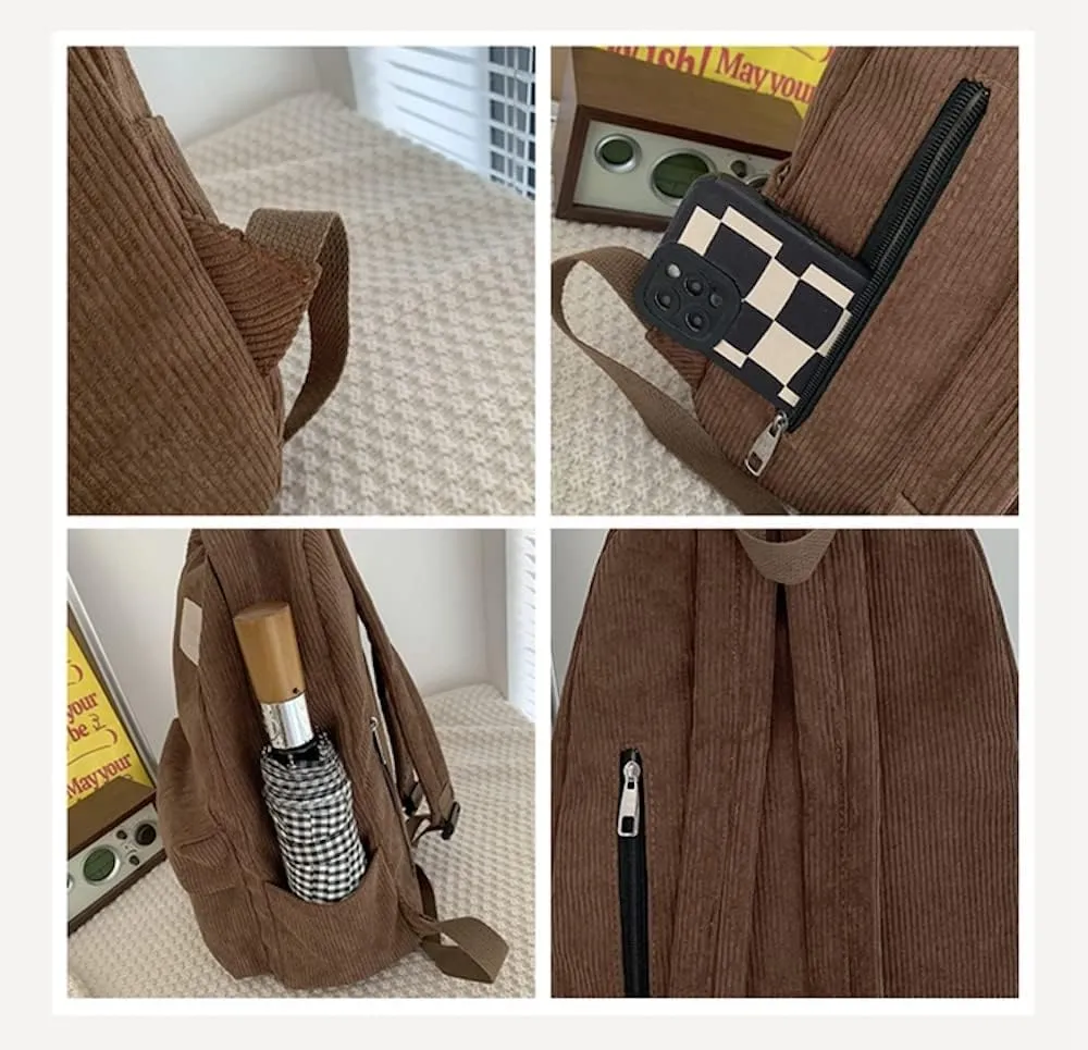JHTPSLR Light Academia Aesthetic Backpack Corduroy Backpack Preppy Backpack Solid Backpack Corduroy Laptop Backpack Daypack (Brown)