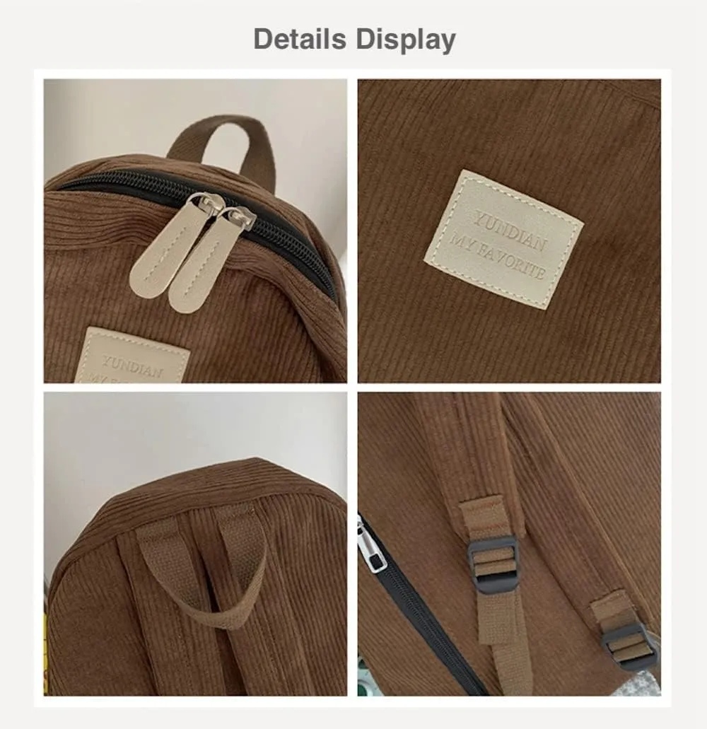 JHTPSLR Light Academia Aesthetic Backpack Corduroy Backpack Preppy Backpack Solid Backpack Corduroy Laptop Backpack Daypack (Brown)