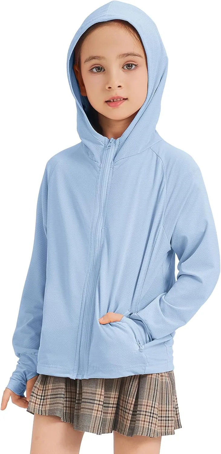 Kids Zip-Up Hoodie Girls Boys UPF50  Sun Protection Shirts Hiking Running Athletic Shirt with Thumb Holes