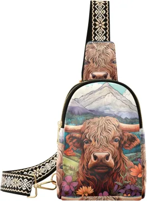 Kigai Small Sling Bag for Women Leather Fanny Pack Crossbody Waist Bag with Adjustable Strap Chest Bag for Travel, Highland Cow