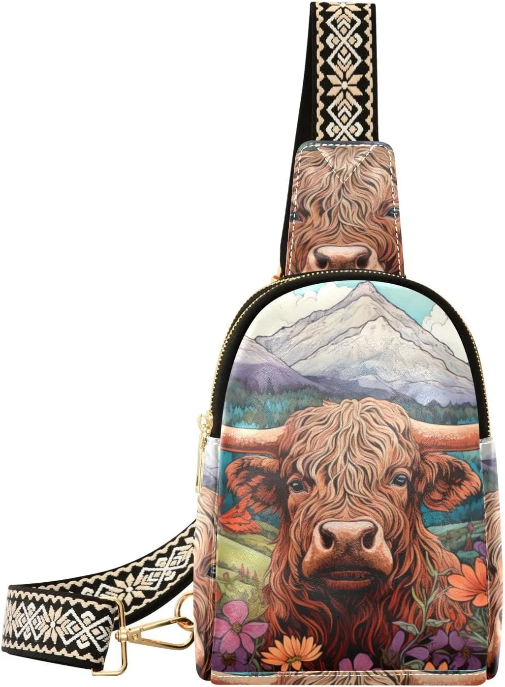 Kigai Small Sling Bag for Women Leather Fanny Pack Crossbody Waist Bag with Adjustable Strap Chest Bag for Travel, Highland Cow