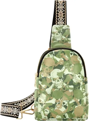 Kigai Small Sling Bag for Women Leather Fanny Pack Crossbody Waist Bag with Adjustable Strap Chest Bag for Travel, Skull Camouflage