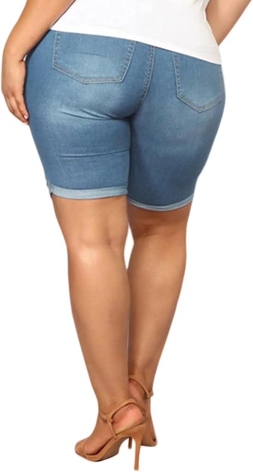 Laeyzuo Women's Plus Size Denim Shorts High Waisted Ripped Folded Hem Summer Jean Shorts