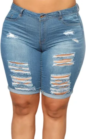 Laeyzuo Women's Plus Size Denim Shorts High Waisted Ripped Folded Hem Summer Jean Shorts