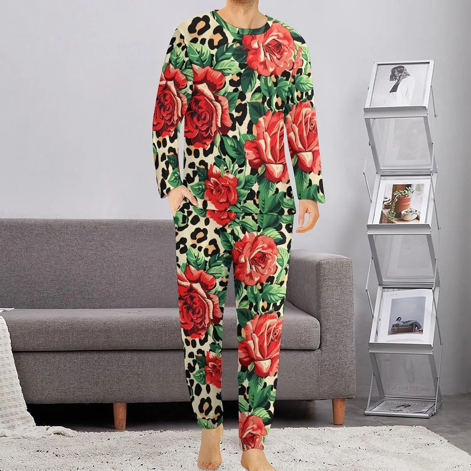 Leopard Rose Men's Pajama Set Casual Sleepwear Pjs Set Comfy Loungewear Soft Long Sleeve Shirts And Pants