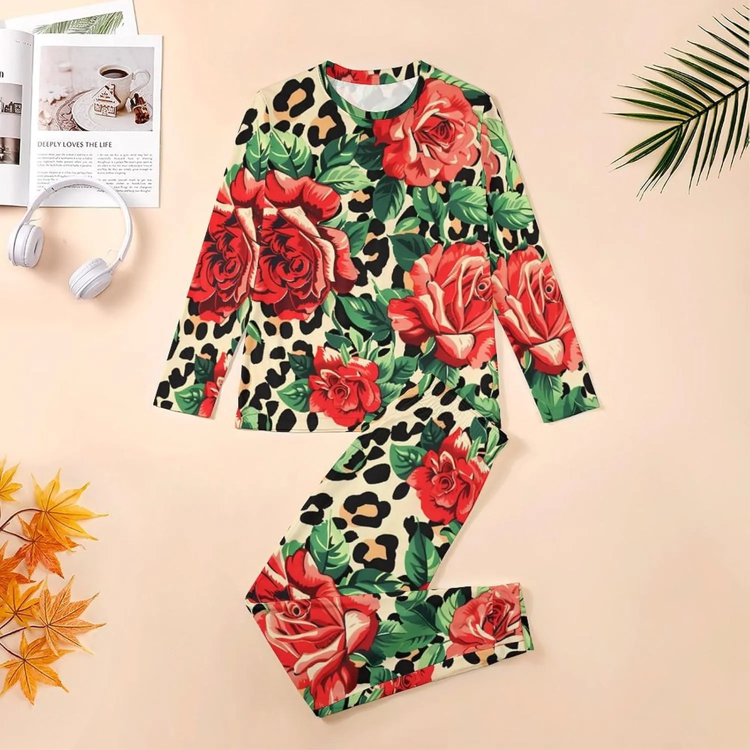 Leopard Rose Men's Pajama Set Casual Sleepwear Pjs Set Comfy Loungewear Soft Long Sleeve Shirts And Pants