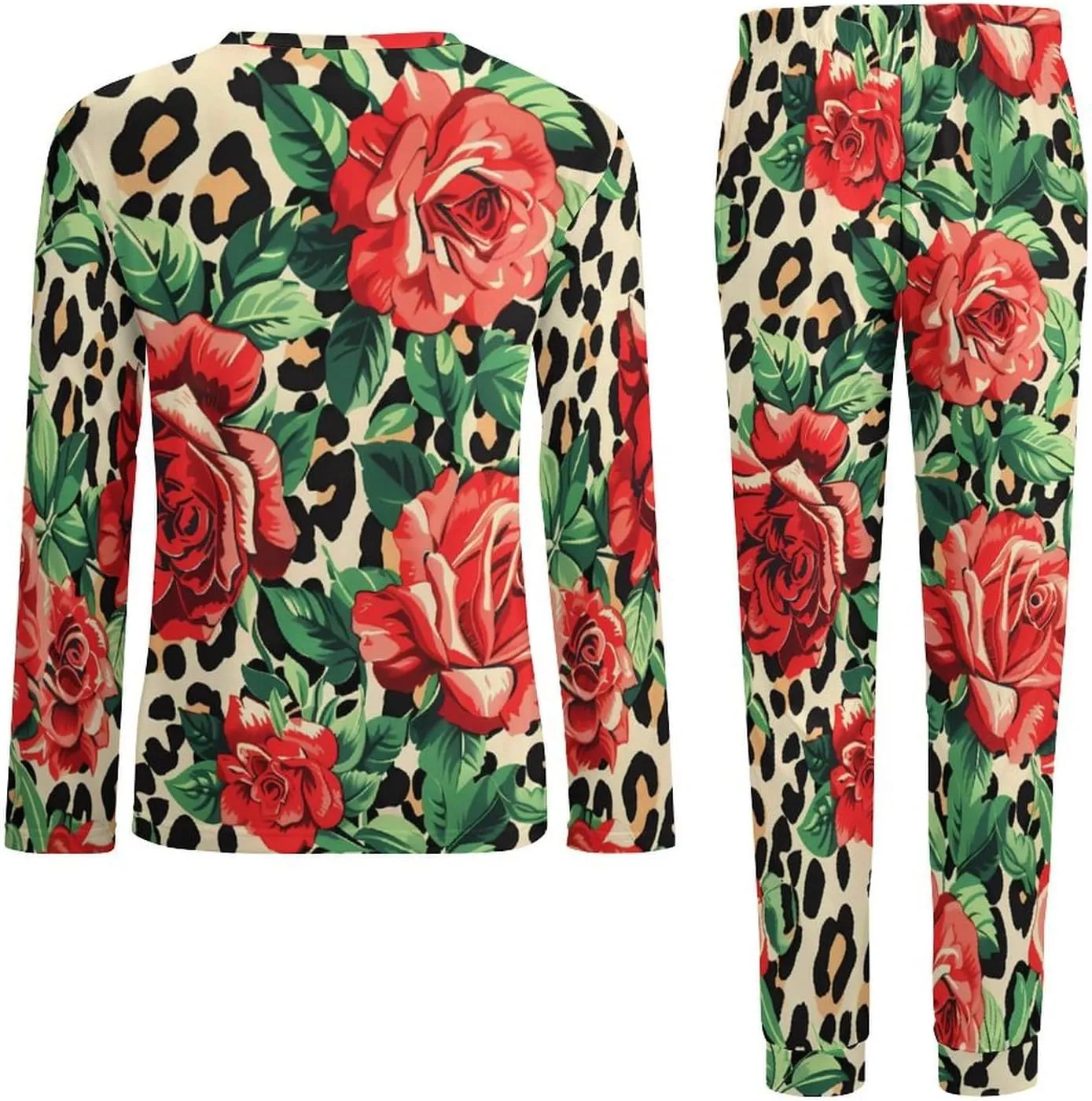 Leopard Rose Men's Pajama Set Casual Sleepwear Pjs Set Comfy Loungewear Soft Long Sleeve Shirts And Pants