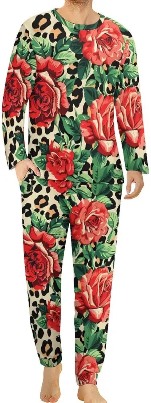 Leopard Rose Men's Pajama Set Casual Sleepwear Pjs Set Comfy Loungewear Soft Long Sleeve Shirts And Pants