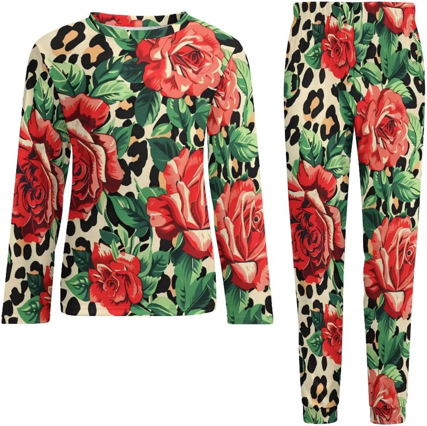 Leopard Rose Men's Pajama Set Casual Sleepwear Pjs Set Comfy Loungewear Soft Long Sleeve Shirts And Pants