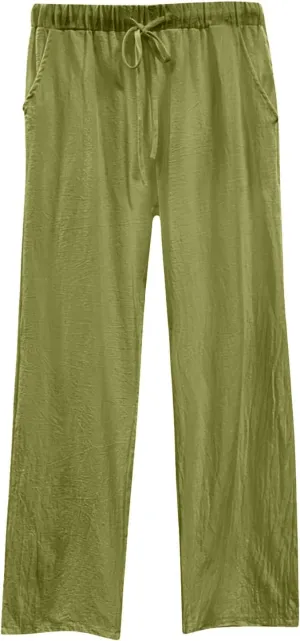 Lightweight Cotton Linen Pants Women Wide Leg Plus Size Summer Drawstring Elastic Waisted Casual Trousers with Pockets