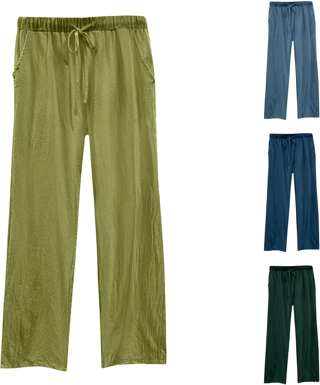 Lightweight Cotton Linen Pants Women Wide Leg Plus Size Summer Drawstring Elastic Waisted Casual Trousers with Pockets