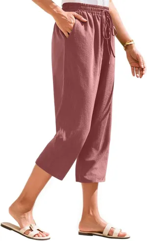 Linen Capri Pants for Women Casual Summer Elastic Waist Tapered Straight Leg Pants Cropped Beach Trousers with Pockets