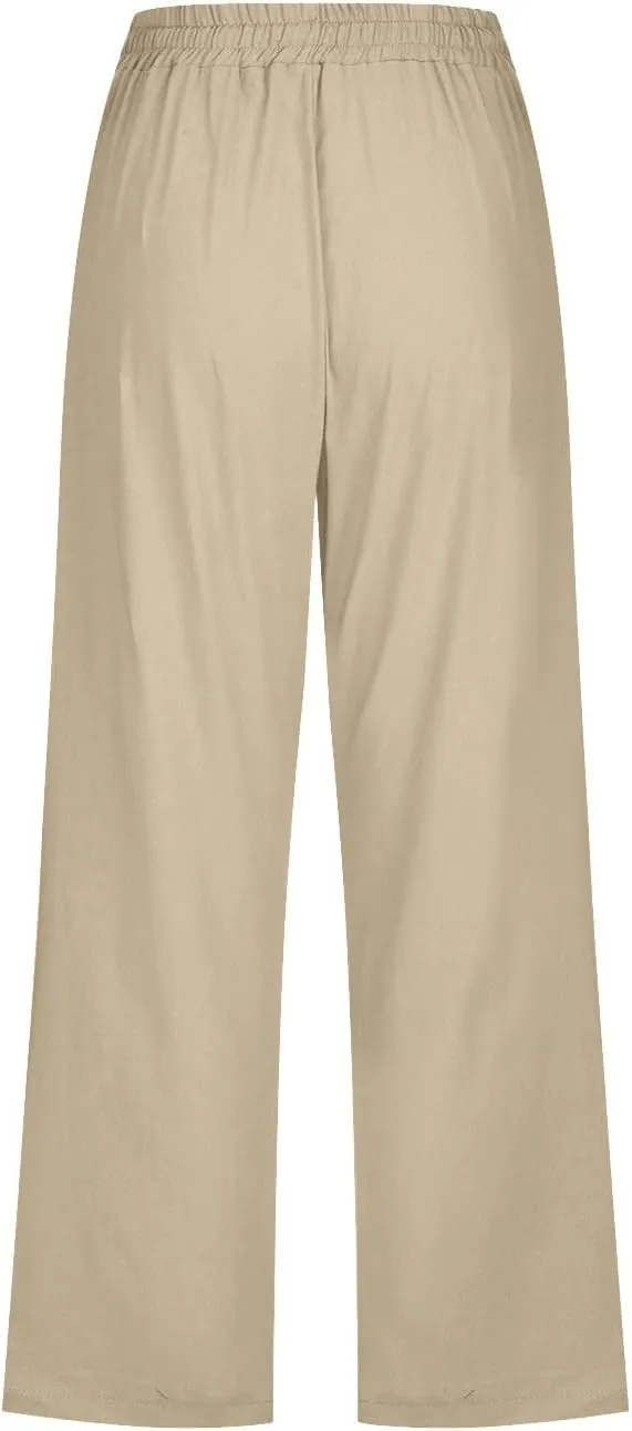 Linen Capri Pants for Women Drawstring Elastic Waisted Pants Summer Casual Trousers Loose Cropped Pants with Pockets