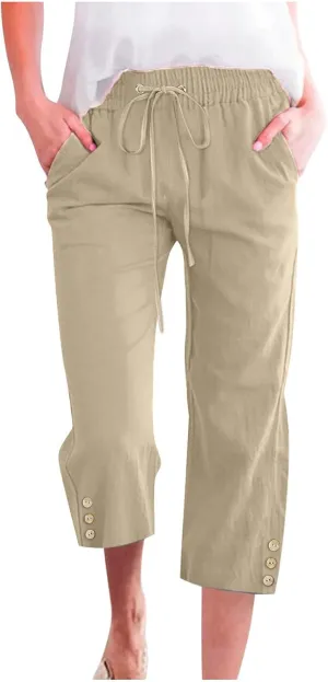 Linen Capri Pants for Women Drawstring Elastic Waisted Pants Summer Casual Trousers Loose Cropped Pants with Pockets