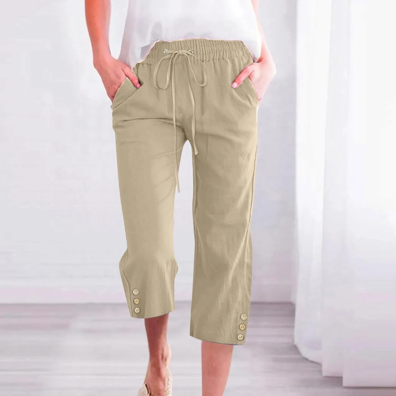 Linen Capri Pants for Women Drawstring Elastic Waisted Pants Summer Casual Trousers Loose Cropped Pants with Pockets
