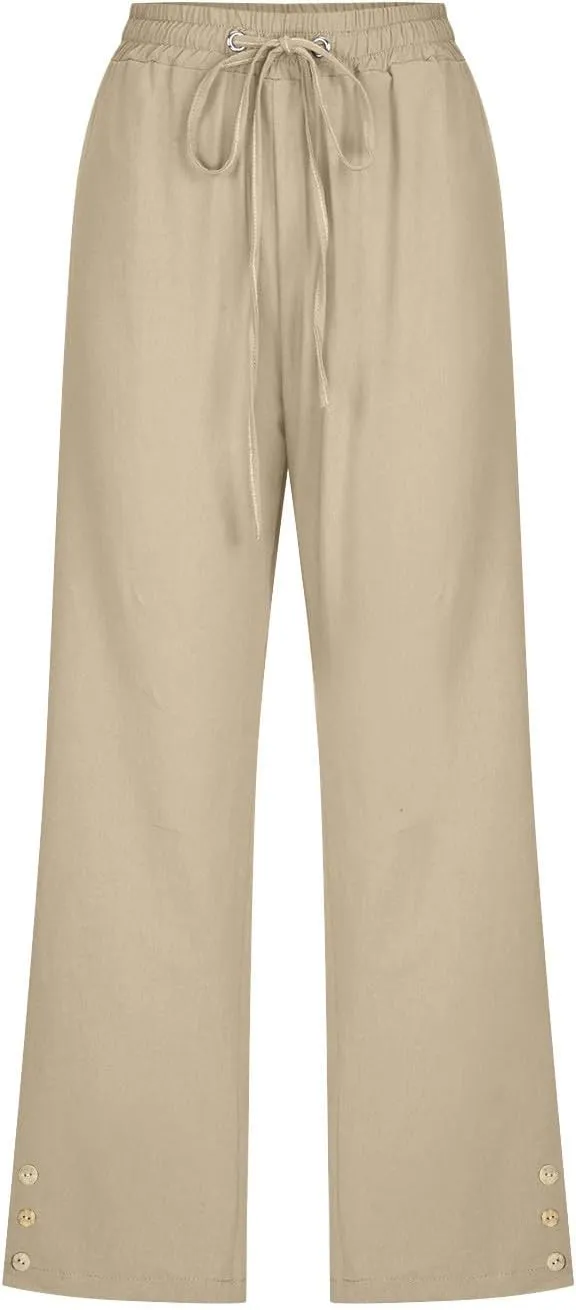 Linen Capri Pants for Women Drawstring Elastic Waisted Pants Summer Casual Trousers Loose Cropped Pants with Pockets