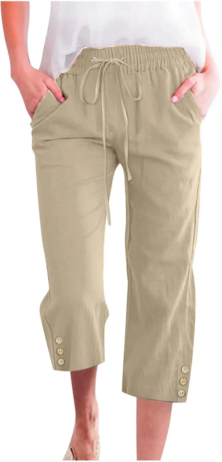 Linen Capri Pants for Women Drawstring Elastic Waisted Pants Summer Casual Trousers Loose Cropped Pants with Pockets