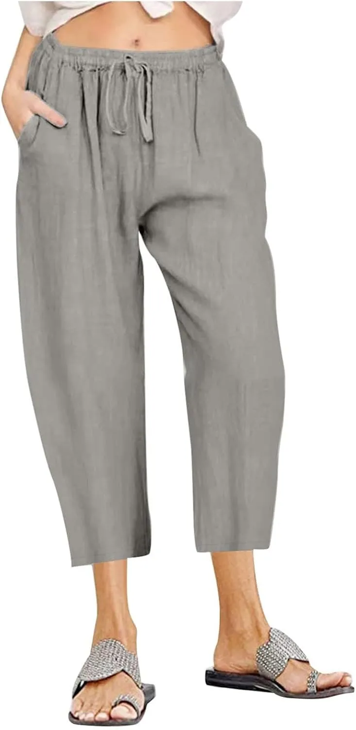 Linen Capris Pants for Women 2025 Summer Comfy Drawstring Waist Beach Pants Lightweight Cropped Trouser with Pockets