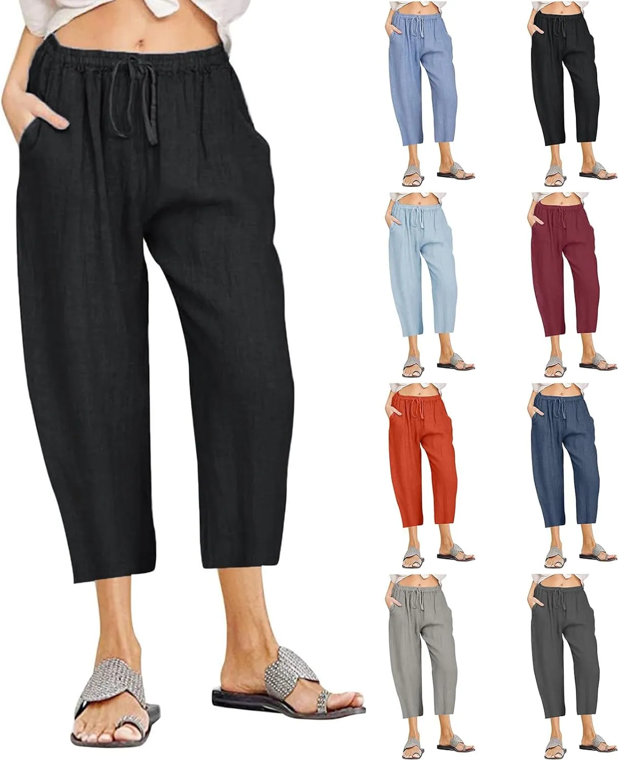 Linen Capris Pants for Women 2025 Summer Comfy Drawstring Waist Beach Pants Lightweight Cropped Trouser with Pockets