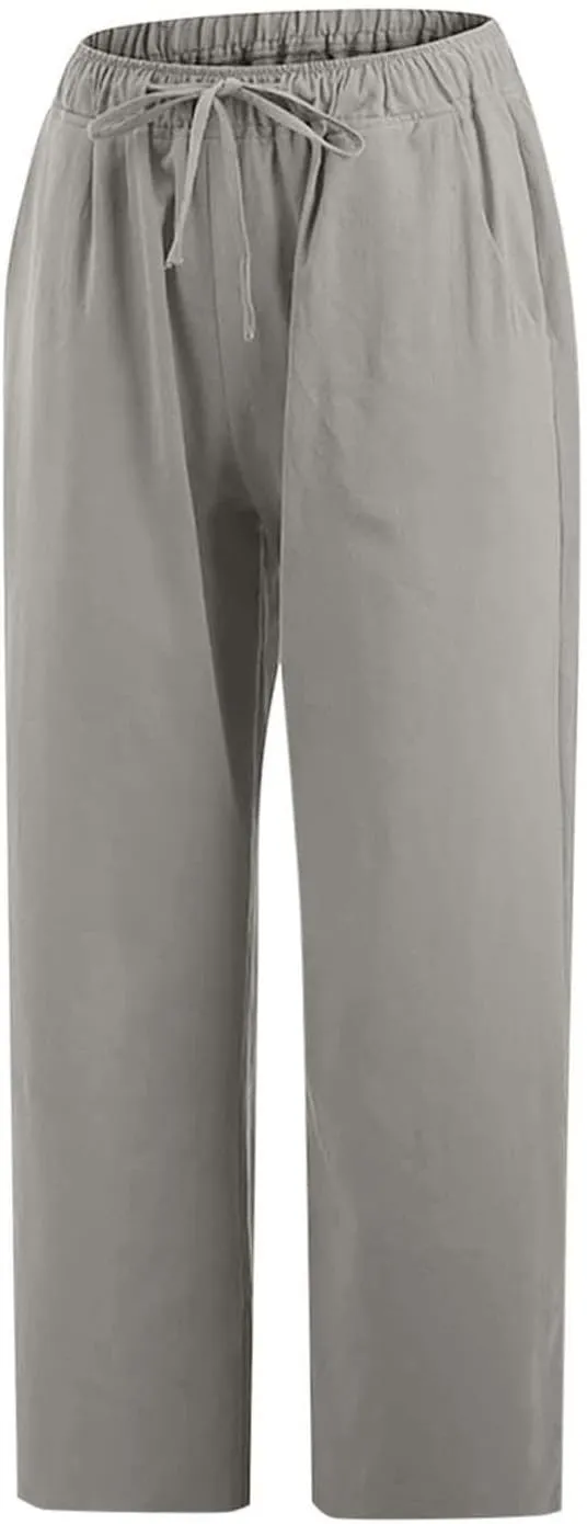 Linen Capris Pants for Women 2025 Summer Comfy Drawstring Waist Beach Pants Lightweight Cropped Trouser with Pockets