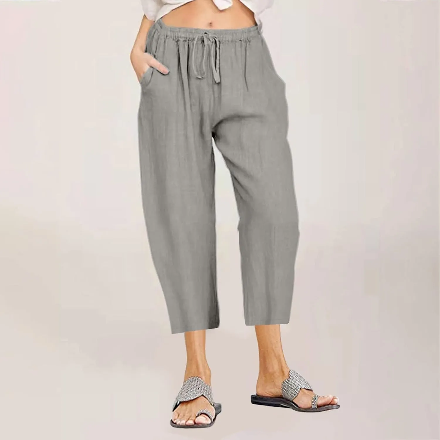 Linen Capris Pants for Women 2025 Summer Comfy Drawstring Waist Beach Pants Lightweight Cropped Trouser with Pockets