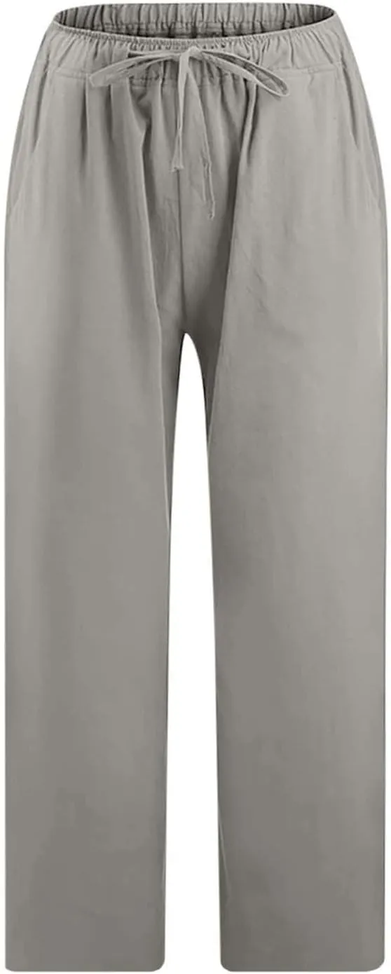 Linen Capris Pants for Women 2025 Summer Comfy Drawstring Waist Beach Pants Lightweight Cropped Trouser with Pockets
