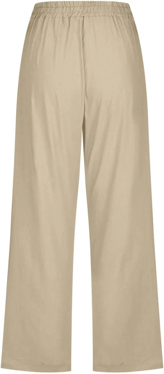 Linen Capris Pants for Women Casual Summer Cotton Linen Pants Drawstring Straight Leg Beach Cropped Pants 2025