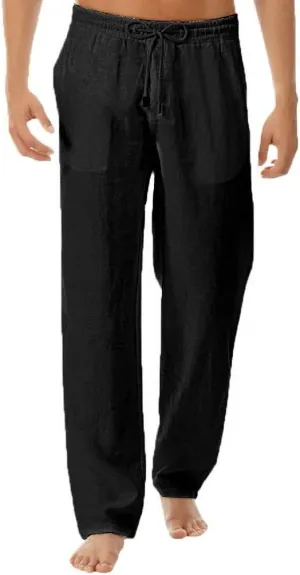 Linen Cotton Casual Pants for Men Elastic Waist Drawstring Lightweight Beach Yoga Karate Slacks Summer Cool Baggy Trousers