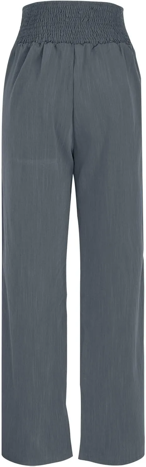 Linen Cotton Pants Women Wide Leg Pant Elastic High Waisted Straight Leg Flowy Casual Work Summer Trousers with Pocket