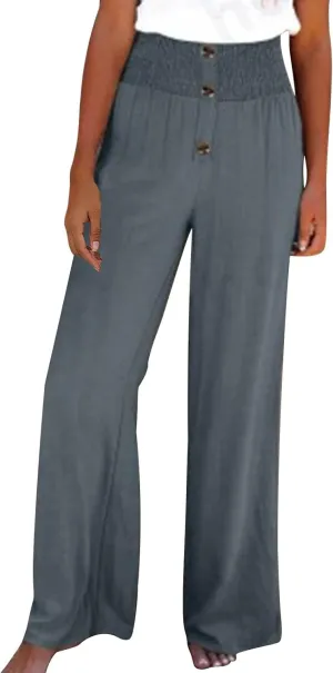 Linen Cotton Pants Women Wide Leg Pant Elastic High Waisted Straight Leg Flowy Casual Work Summer Trousers with Pocket