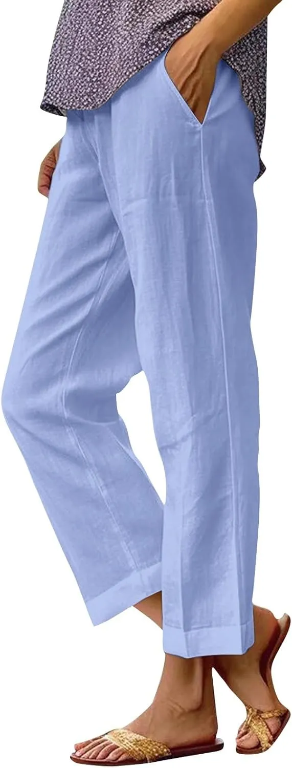 Linen Crop Pants for Women Summer Casual Straight Leg Trousers Loose fit Beach Vacation Capris Pants w Pocket