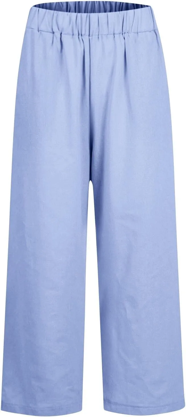 Linen Crop Pants for Women Summer Casual Straight Leg Trousers Loose fit Beach Vacation Capris Pants w Pocket