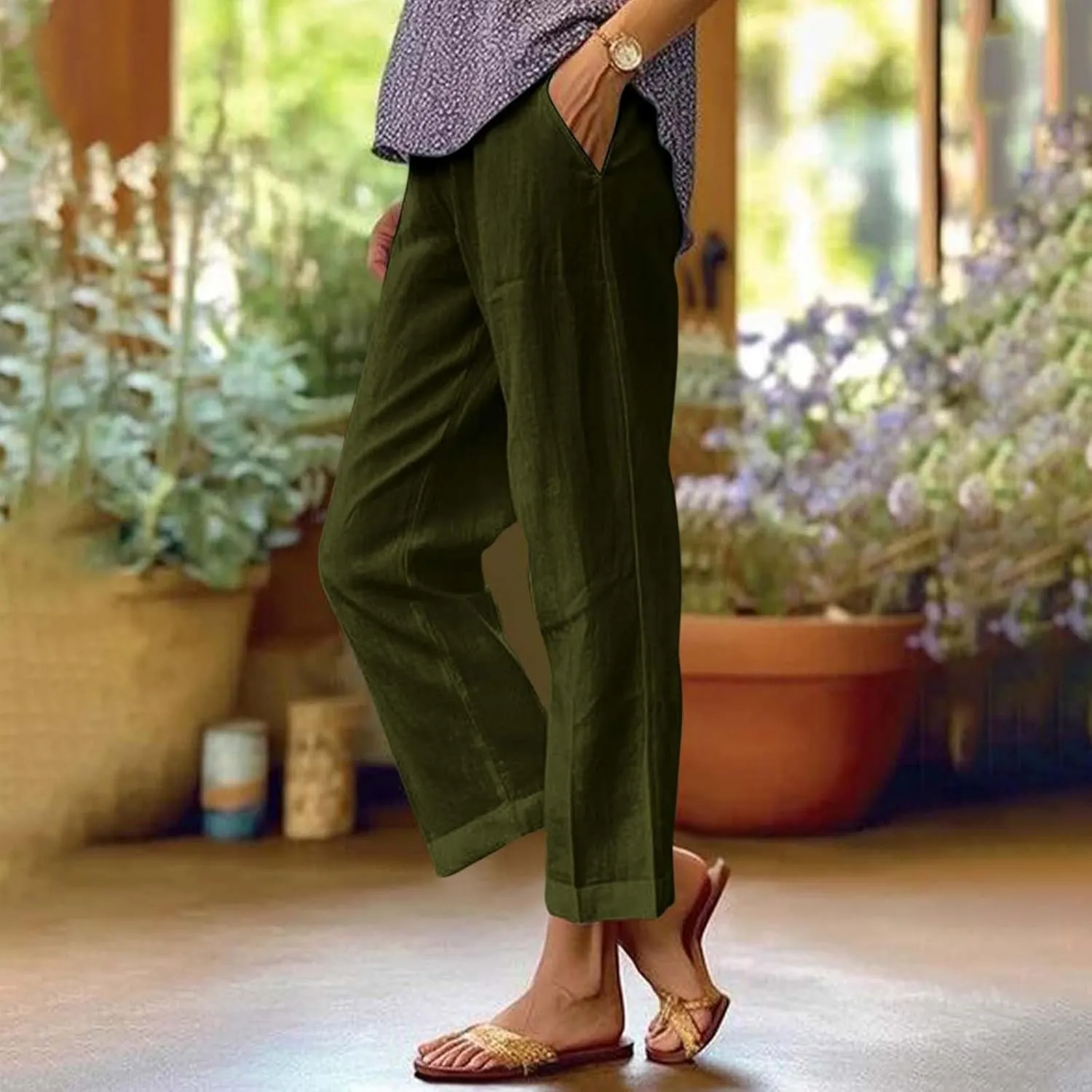 Linen Crop Pants for Women Summer Casual Straight Leg Trousers Loose fit Beach Vacation Capris Pants w Pocket