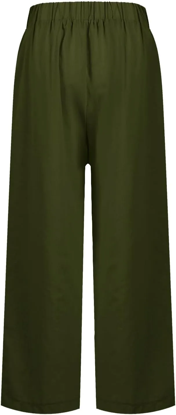 Linen Crop Pants for Women Summer Casual Straight Leg Trousers Loose fit Beach Vacation Capris Pants w Pocket