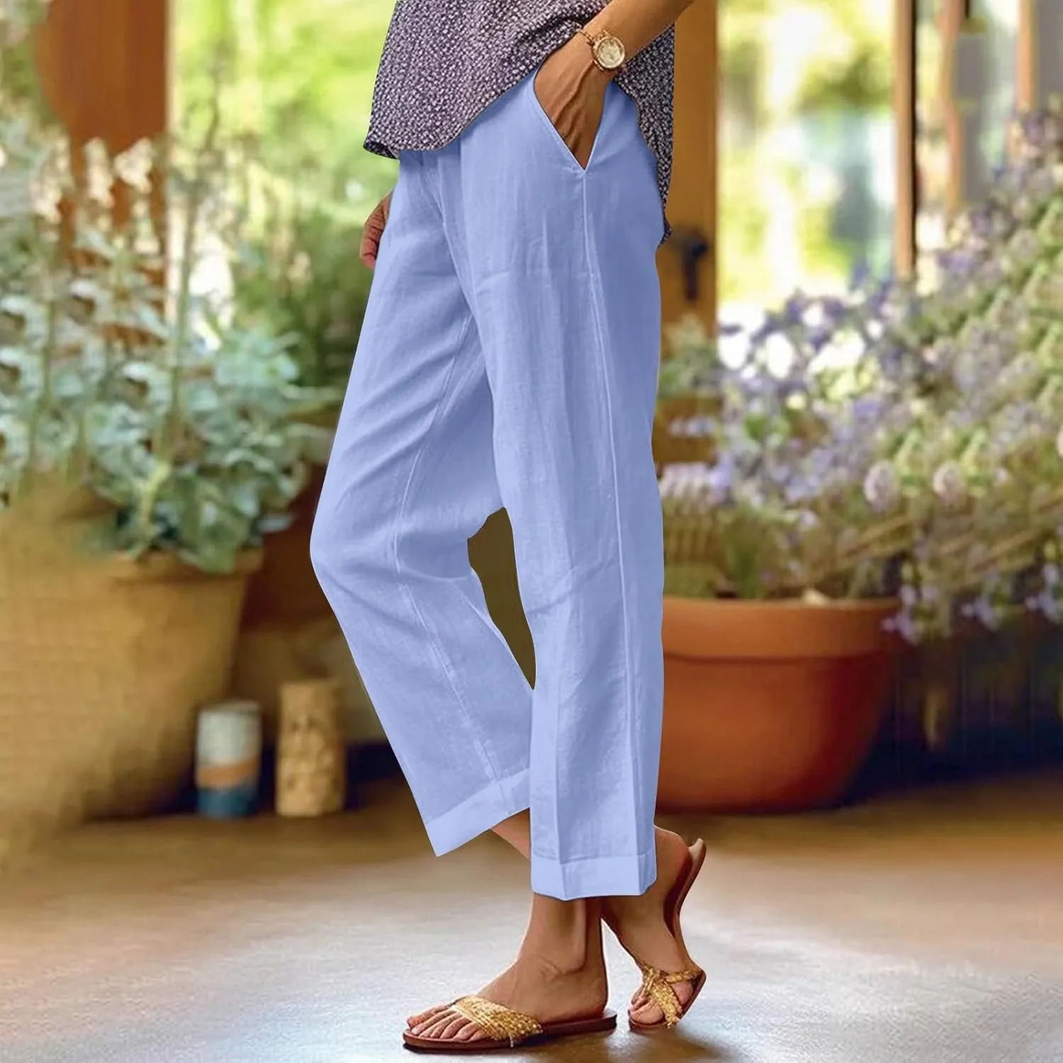 Linen Crop Pants for Women Summer Casual Straight Leg Trousers Loose fit Beach Vacation Capris Pants w Pocket