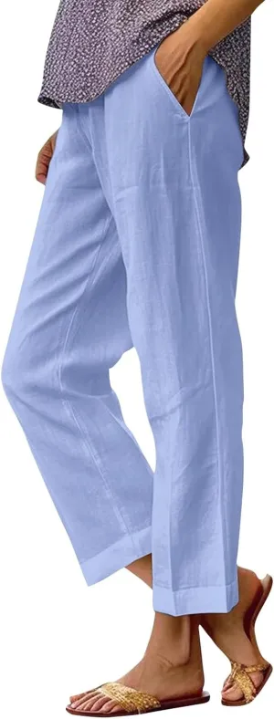 Linen Crop Pants for Women Summer Casual Straight Leg Trousers Loose fit Beach Vacation Capris Pants w Pocket