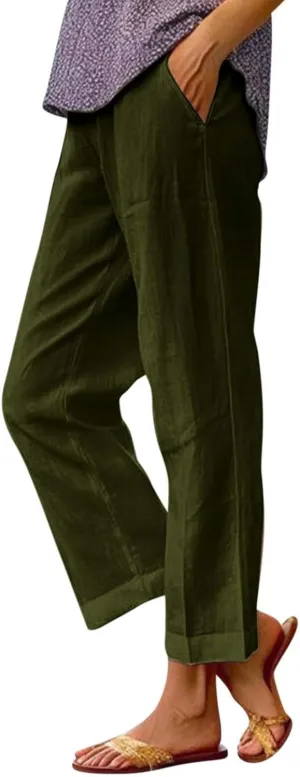 Linen Crop Pants for Women Summer Casual Straight Leg Trousers Loose fit Beach Vacation Capris Pants w Pocket