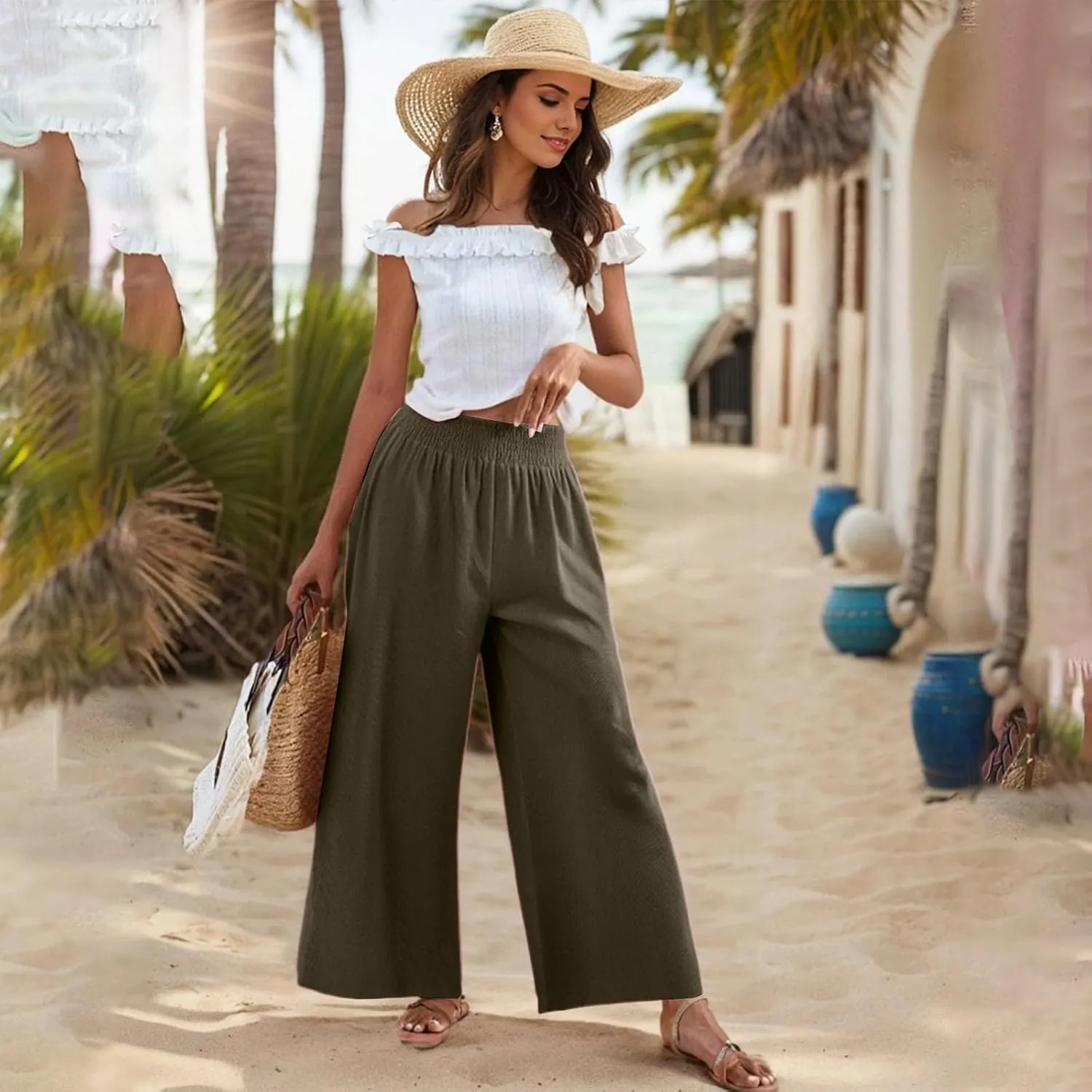 Linen Palazzo Pants for Women Casual Summer Smocked Elastic High Waisted Wide Leg Pants Loose Vacation Beach Trousers