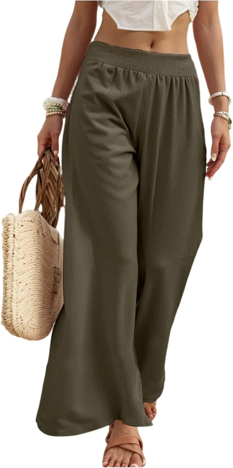 Linen Palazzo Pants for Women Casual Summer Smocked Elastic High Waisted Wide Leg Pants Loose Vacation Beach Trousers