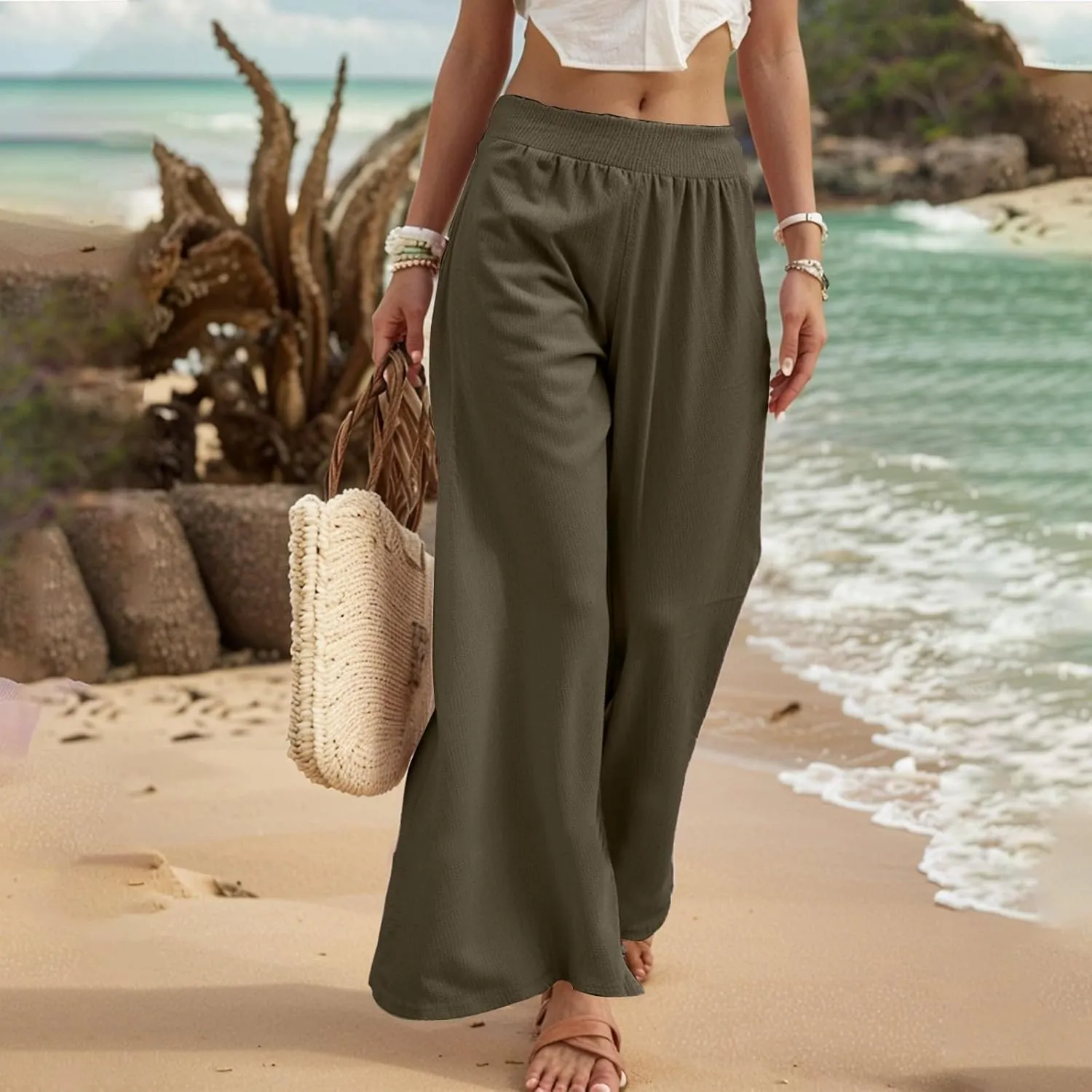 Linen Palazzo Pants for Women Casual Summer Smocked Elastic High Waisted Wide Leg Pants Loose Vacation Beach Trousers