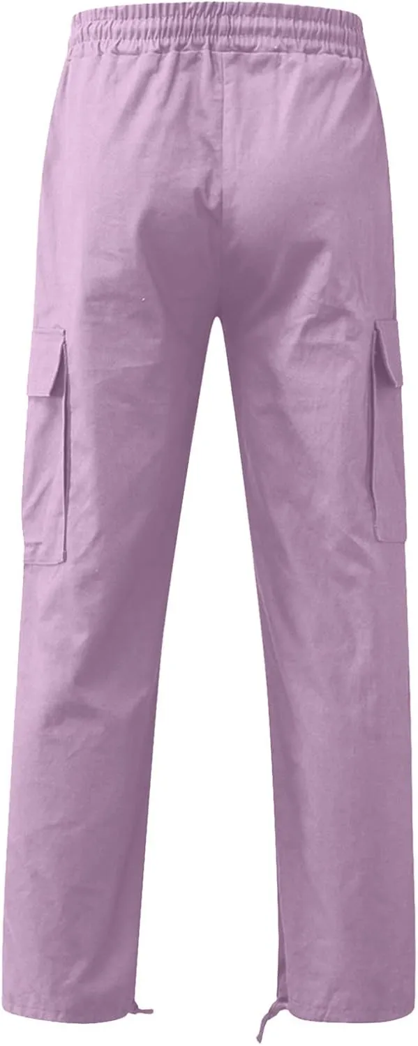 Linen Pants for Men Outdoor Fashion Multi Pockets Cotton Cargo Pants Classic Elastic Waist Solid Tactical Trouser