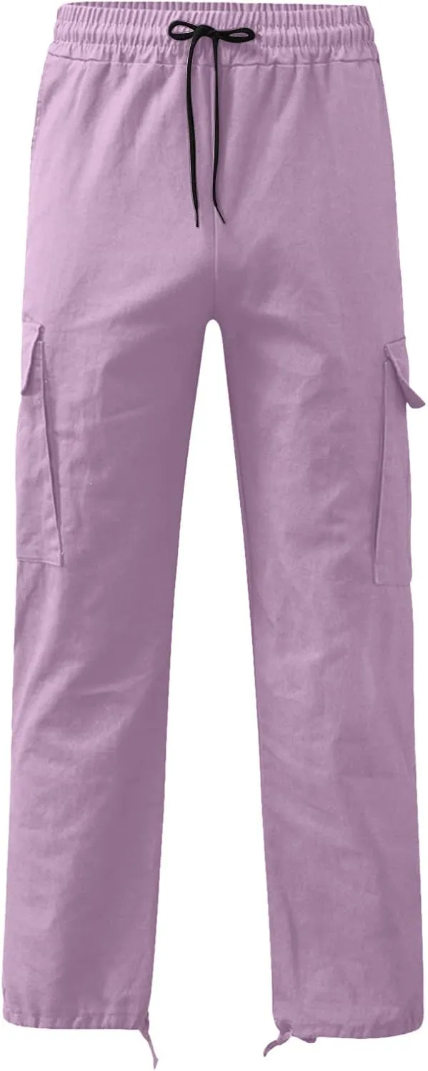 Linen Pants for Men Outdoor Fashion Multi Pockets Cotton Cargo Pants Classic Elastic Waist Solid Tactical Trouser
