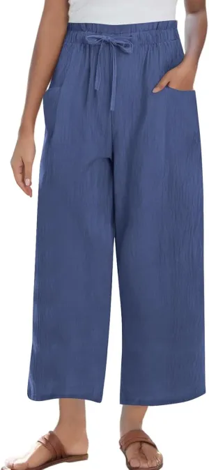 Linen Pants for Women 2025 Wide Leg Cropped Pants High Waisted Summer Casual Cotton Palazzo Trousers with Pockets