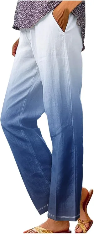 Linen Pants for Women Casual Loose High Waist Wide Leg Palazzo Pants 2025 Summer Boho Floral Flowy Beach Trousers